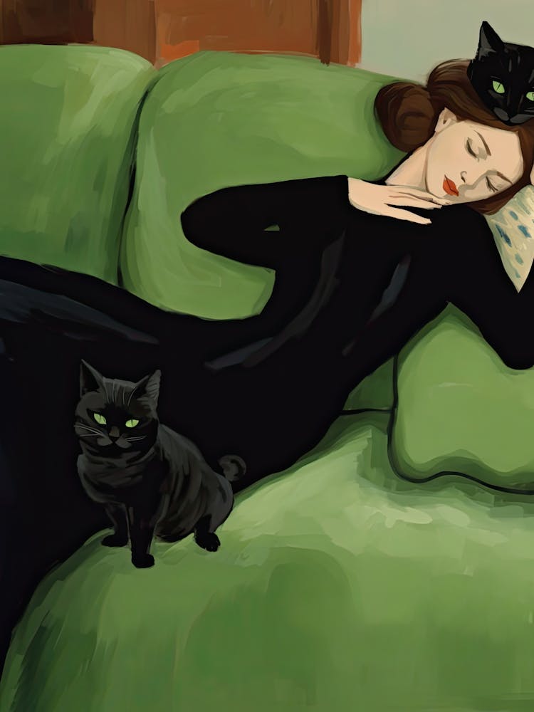 Decadent Young Woman After The Dance With Cats