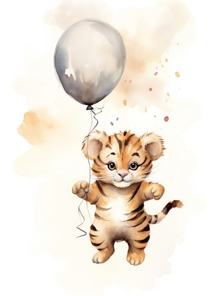 Baby Tiger Flying With Ballons, Watercolour Nursery Art 3