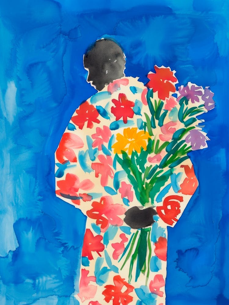 Black Man With Bouquet On Blue