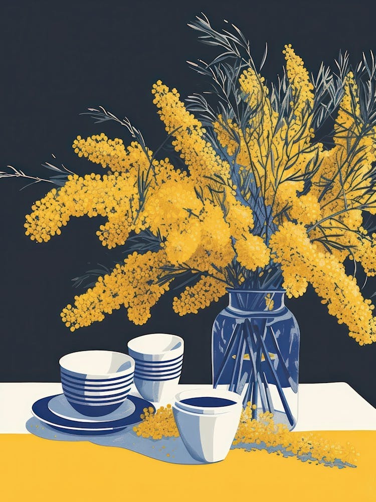 Mimosa Flowers On A Table   Contemporary Illustration 8