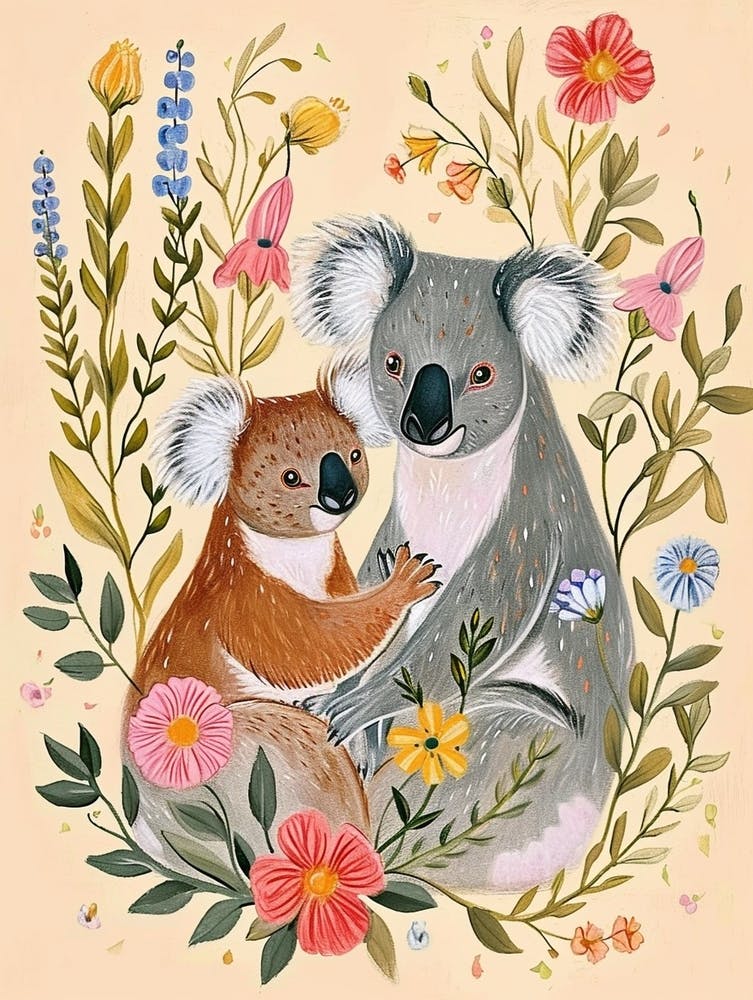 Folksy Floral Animal Drawing Koala 3