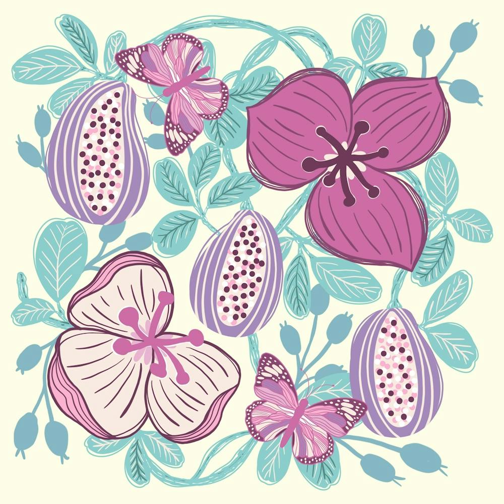 Akebia Flowers with Fruits Cream Background