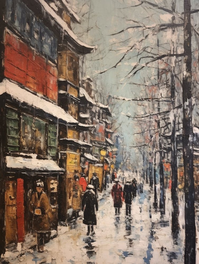 Vintage Winter Painting Tokyo Japan