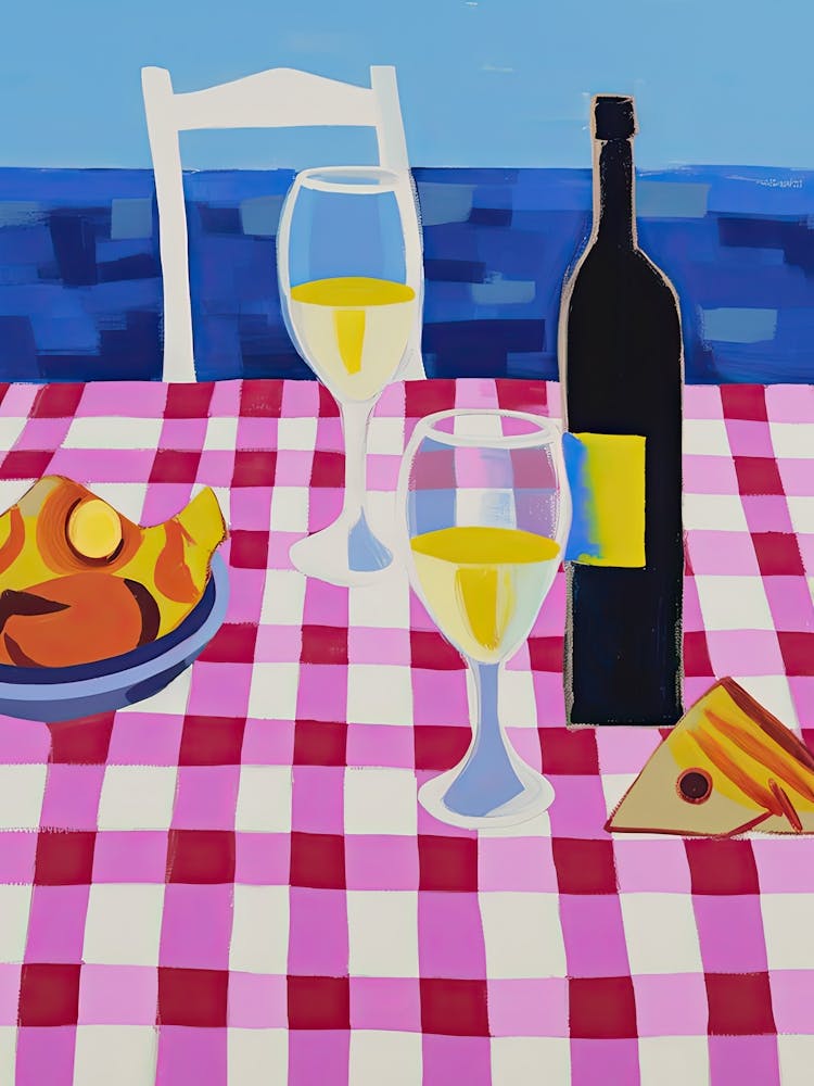 Painting Of A Table With Food And Wine, French Riviera View, Checkered Cloth, Matisse Style 10