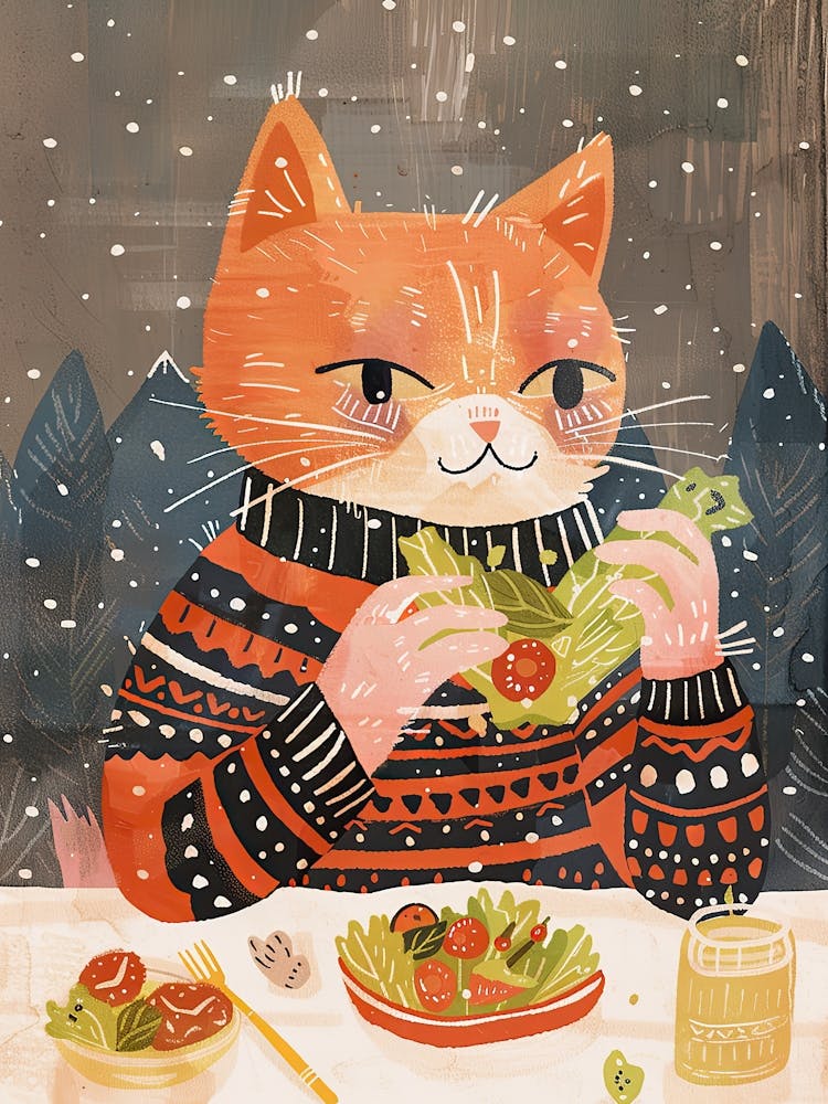Cute Orange Eating Salad Folk Illustration 3