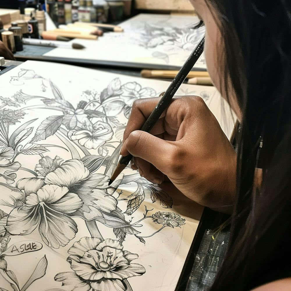 Woman Drawing Flowers