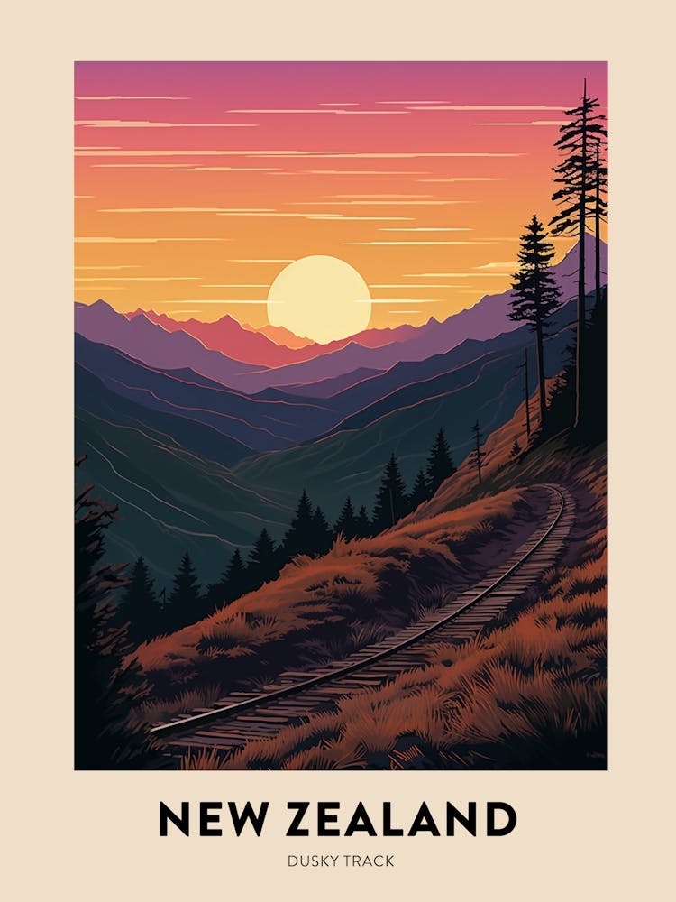 Dusky Track New Zealand Vintage Hiking Travel Poster