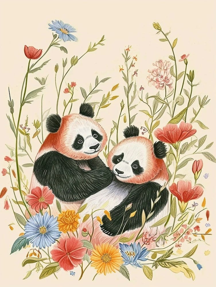 Folksy Floral Animal Drawing Panda 4