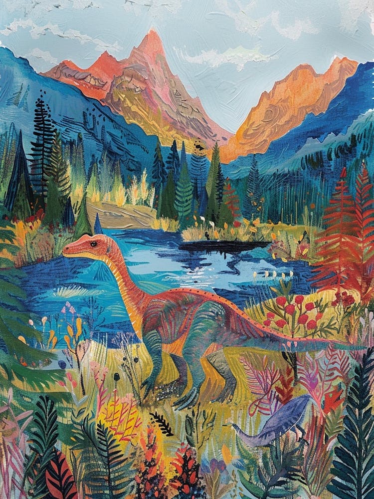 Dinosaur In The Mountains Landscape Painting 1
