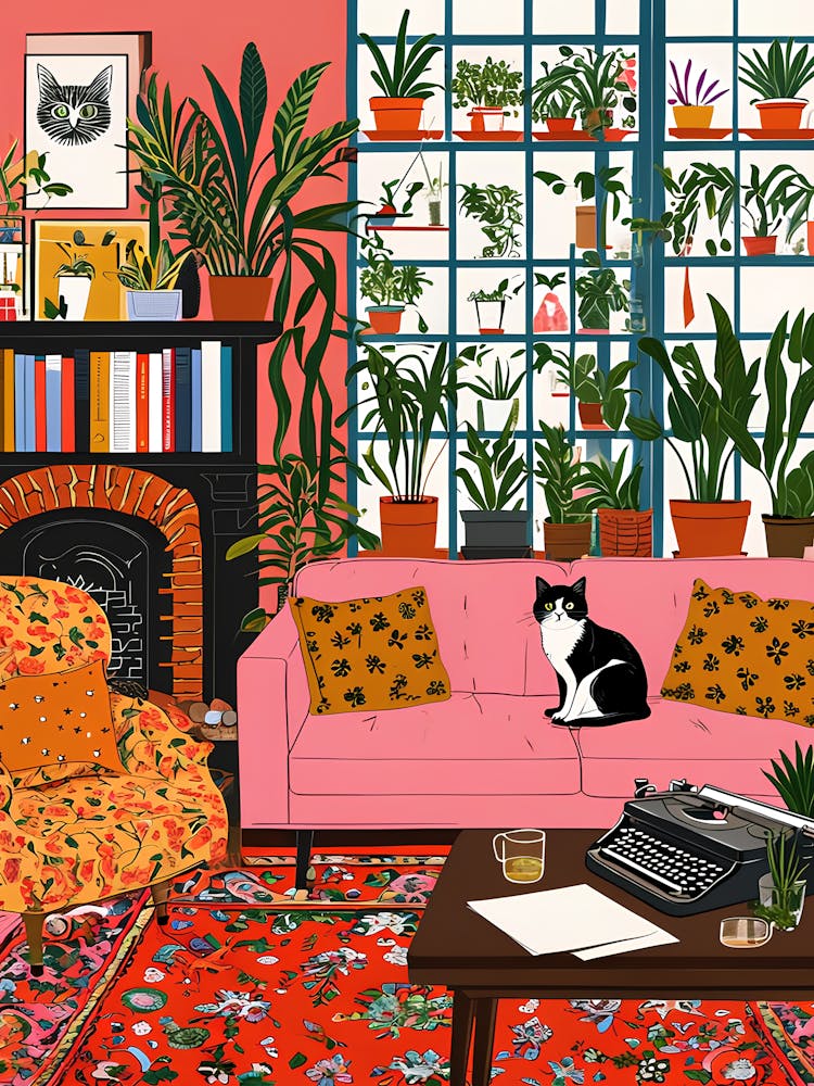 Cozy Eclectic Interior With Colorful Furnishings And Cat