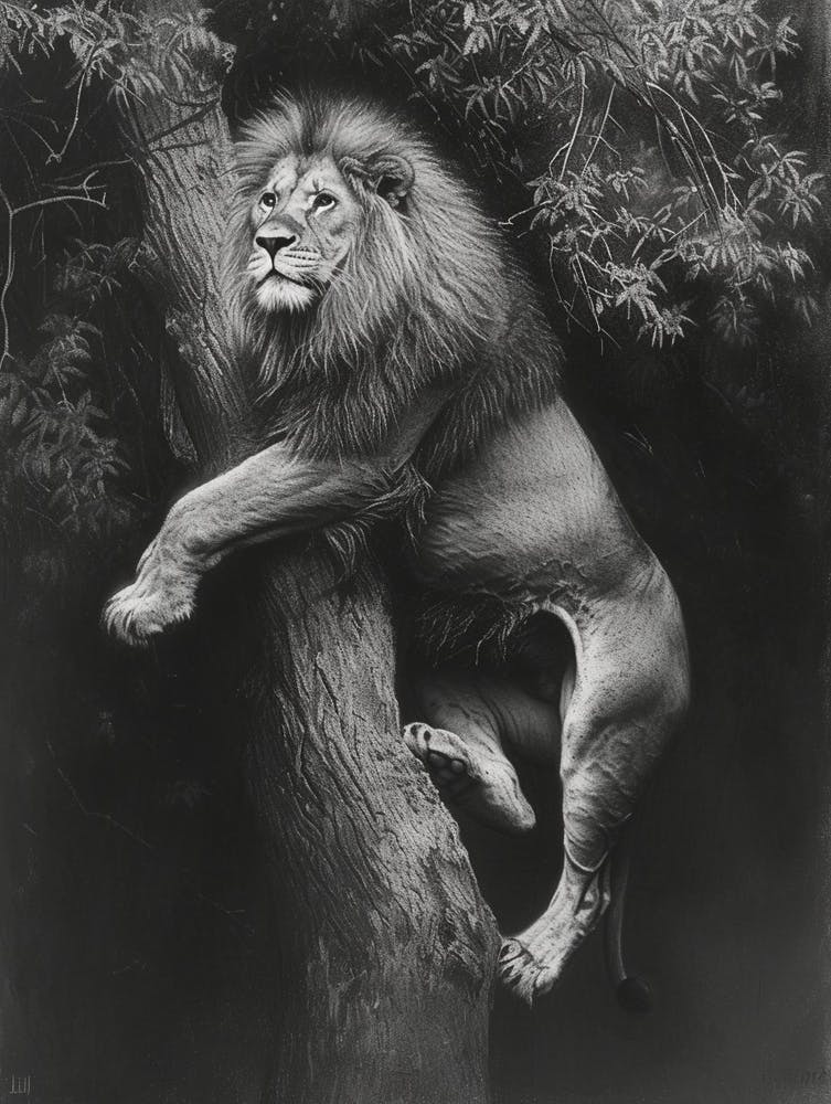 Barbary Lion Charcoal Drawing Panthera Leo Leo Climbing A Tree 4