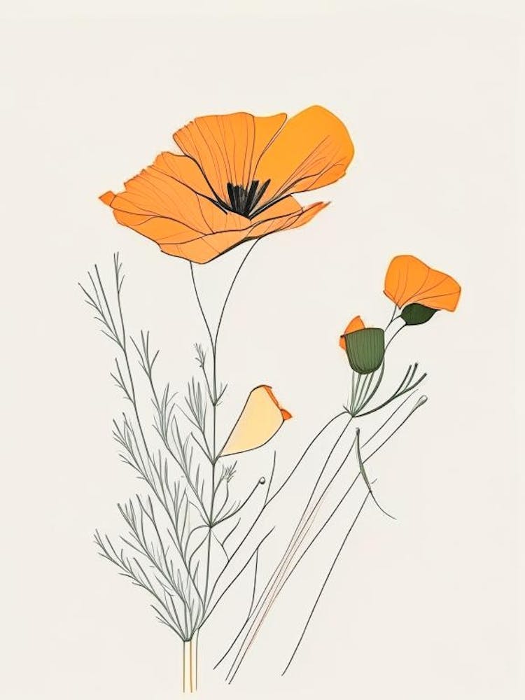 California Poppy Spices And Herbs Minimal Line Drawing 2