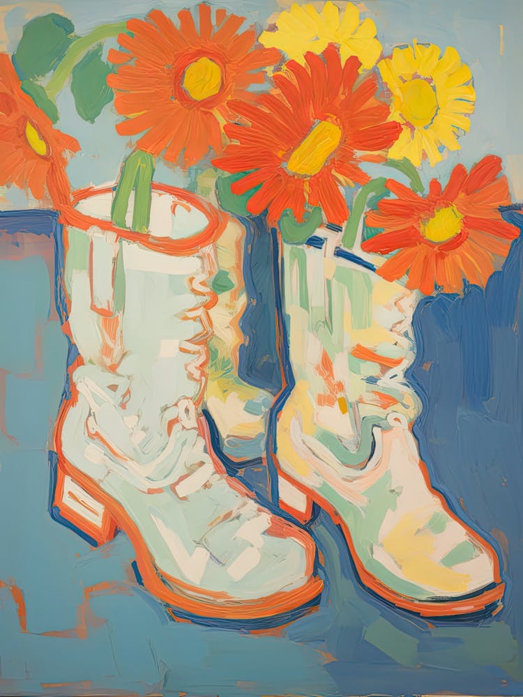 Painting Of Red Flowers And Cowboy Boots, Oil Style 10