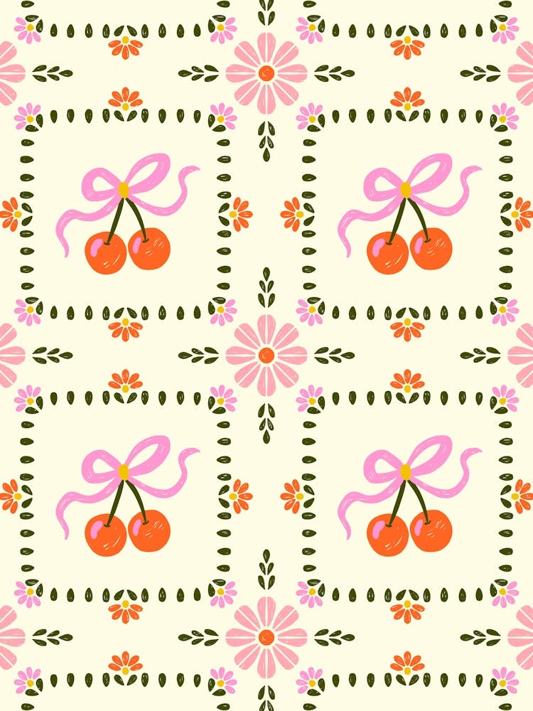 Block Print Boho Florals, Cherries, and Bows - Square Grid Tile