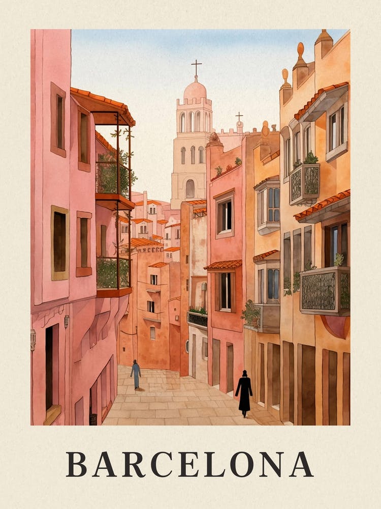 Barcelona Spain 4 Vintage Pink Travel Illustration Poster