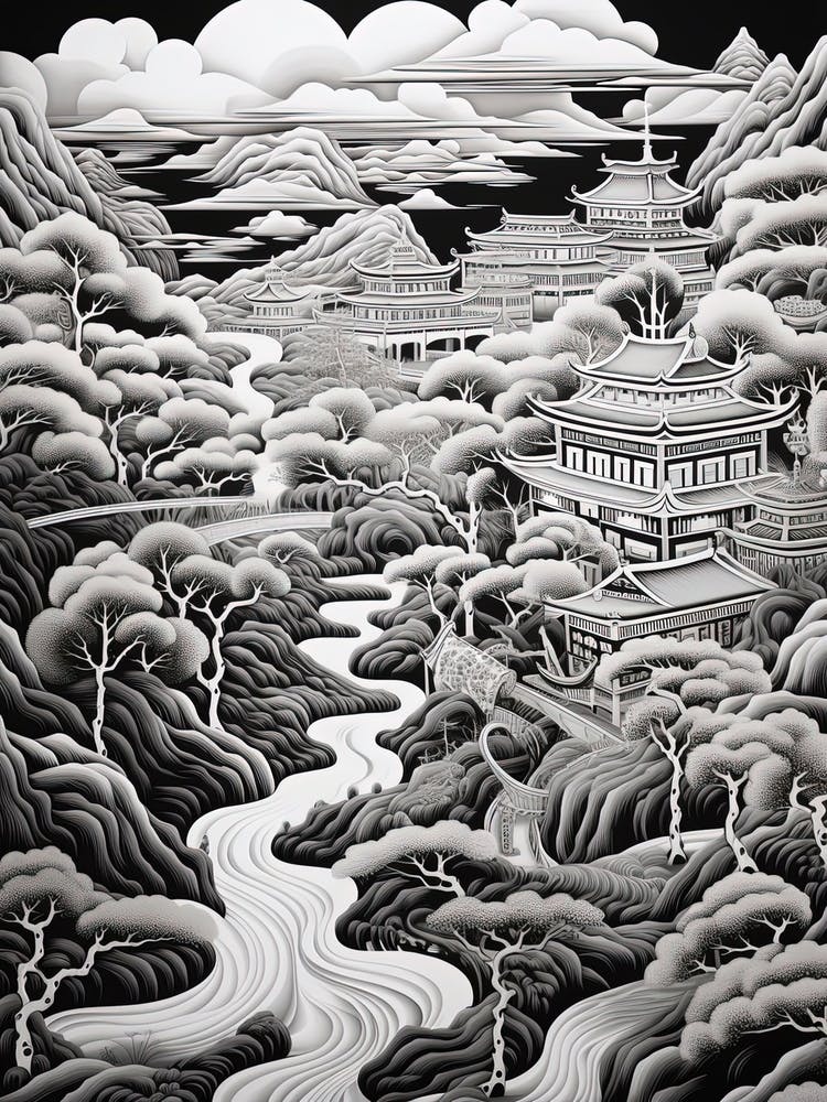Nikko In Tochigi, Ukiyo E Black And White Line Art Drawing 3