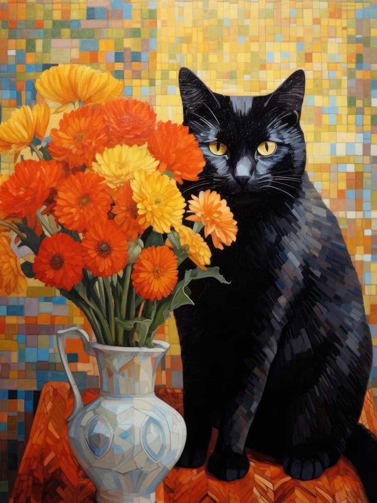Black Cat With Flowers 2