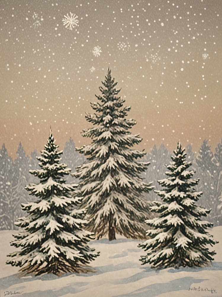 Three Christmas Trees In The Snow