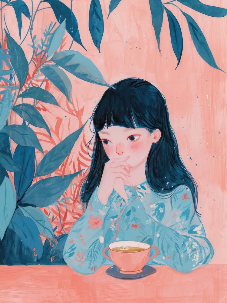 Girl Drinking Tea Lo Fi Kawaii Illustration 1