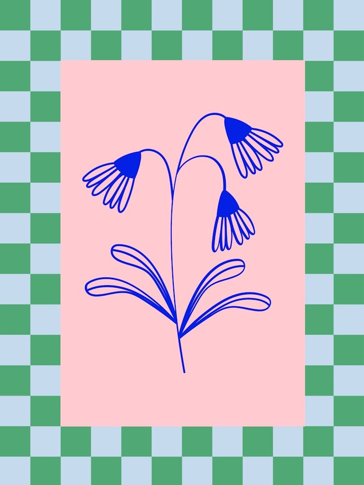 Modern Checkered Flower Poster Blue & Pink 11