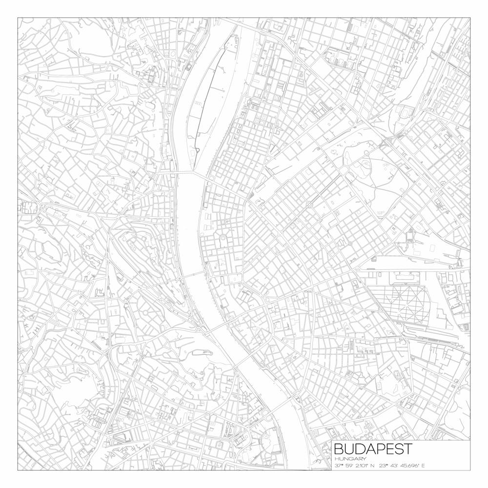 Budapest, Hungary, City Map Black On White Blueprint Design