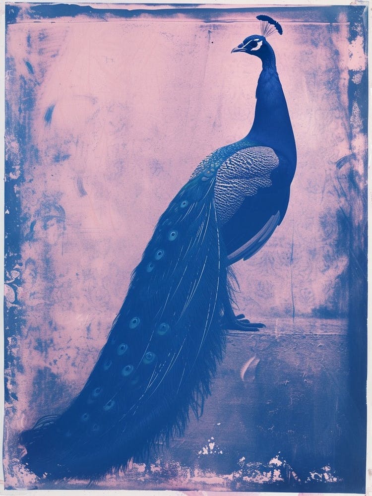 Pink & Blue Peacock Cyanotype Style 3