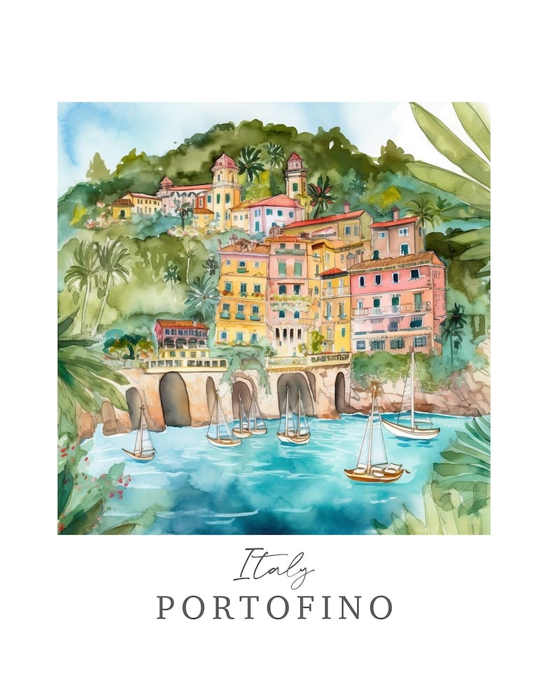 Italy Portofino Storybook 3 Travel Poster Watercolour