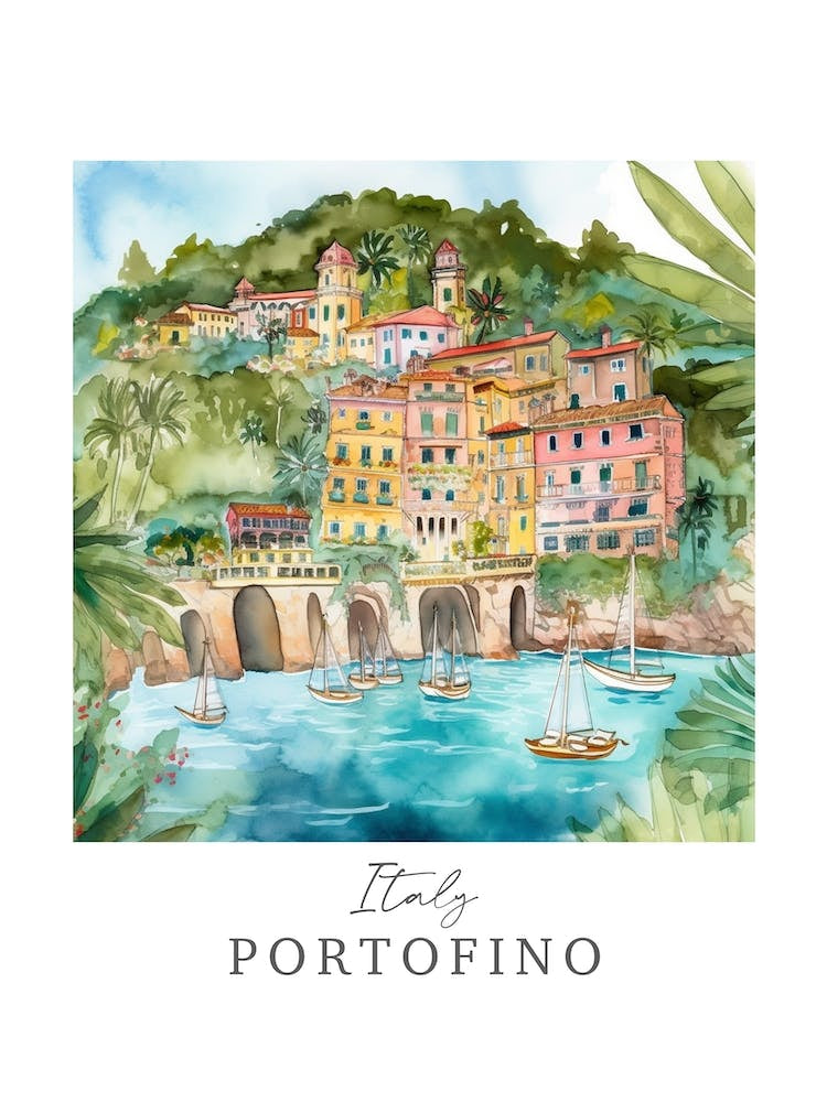 Italy Portofino Storybook 3 Travel Poster Watercolour