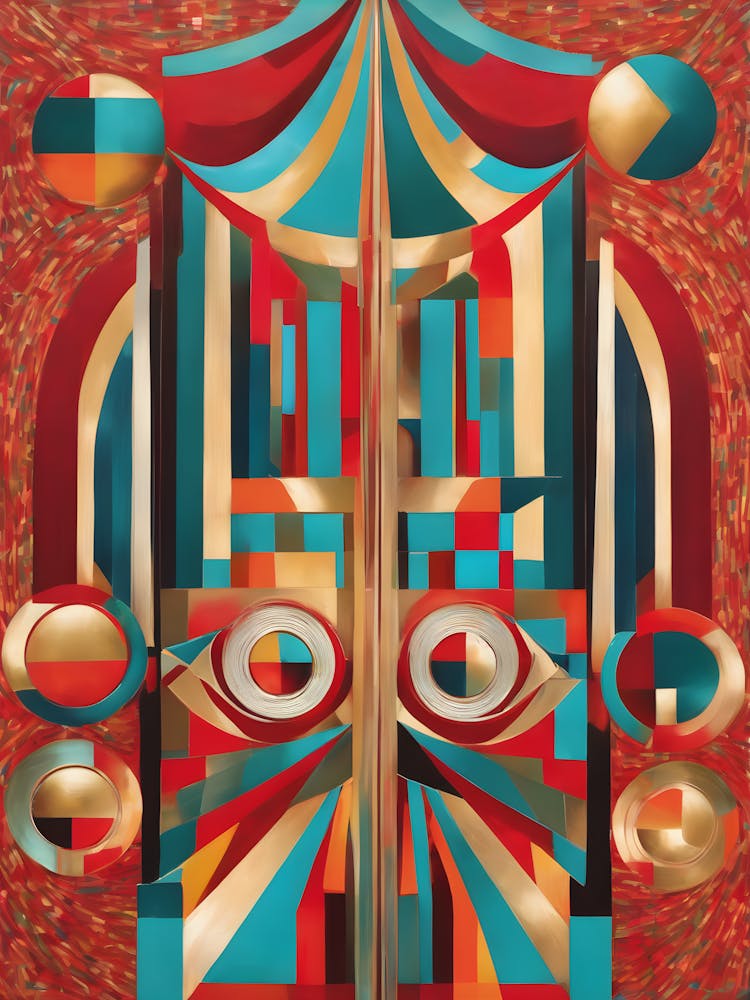 Dare - Abstract Art Deco Geometric Shapes Oil Painting Modernist Picasso Inspired Bold Gold Green Turquoise Red Face Visionary Fantasy Style Wall Decor Surrealism Trippy Cool Room Art Invoke Psychedelic