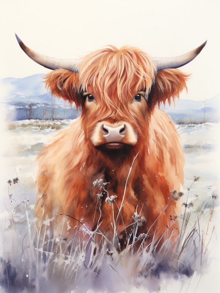 Chesnut And Lilac Watercolour Illustration Of Highland Cow
