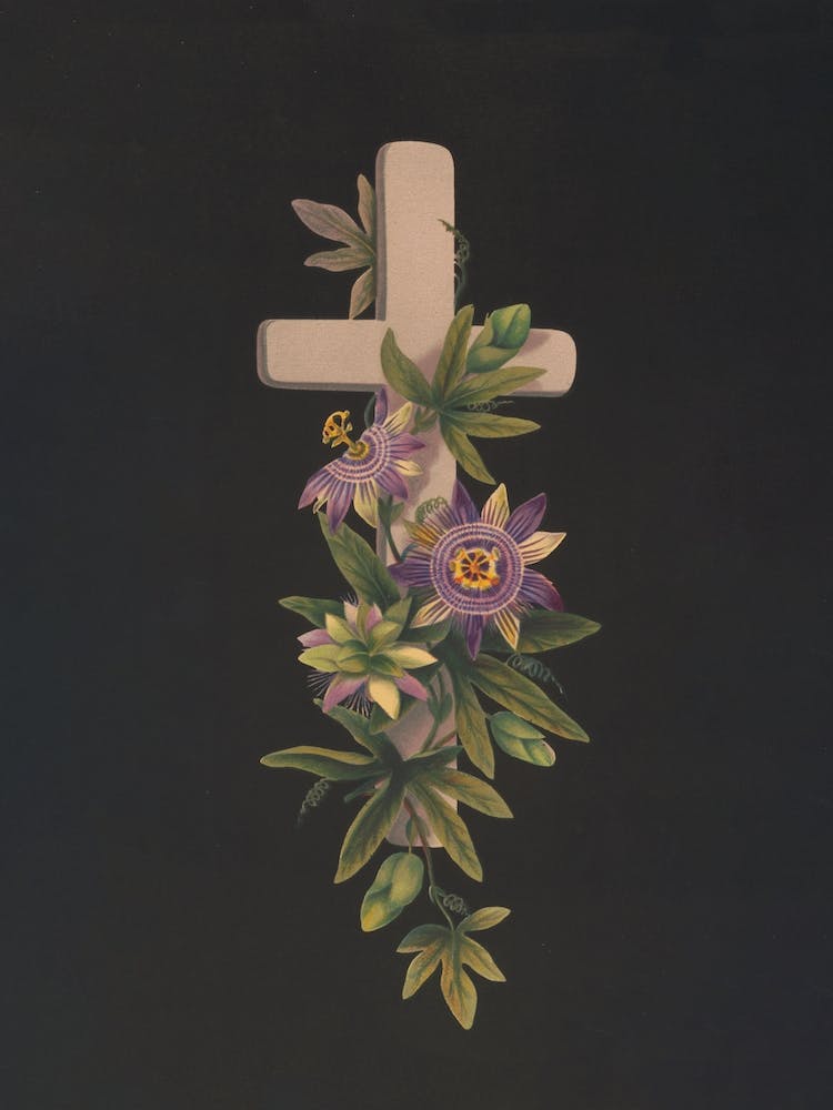 Pierre Tombale Avec Fleurs de la Passion Vintage