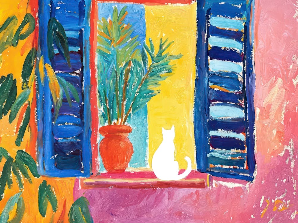 White Cat Open Window Matisse Style Landscape