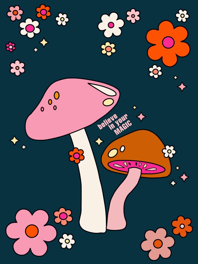 Retro 70s Mushrooms And Flowers Navy Blue