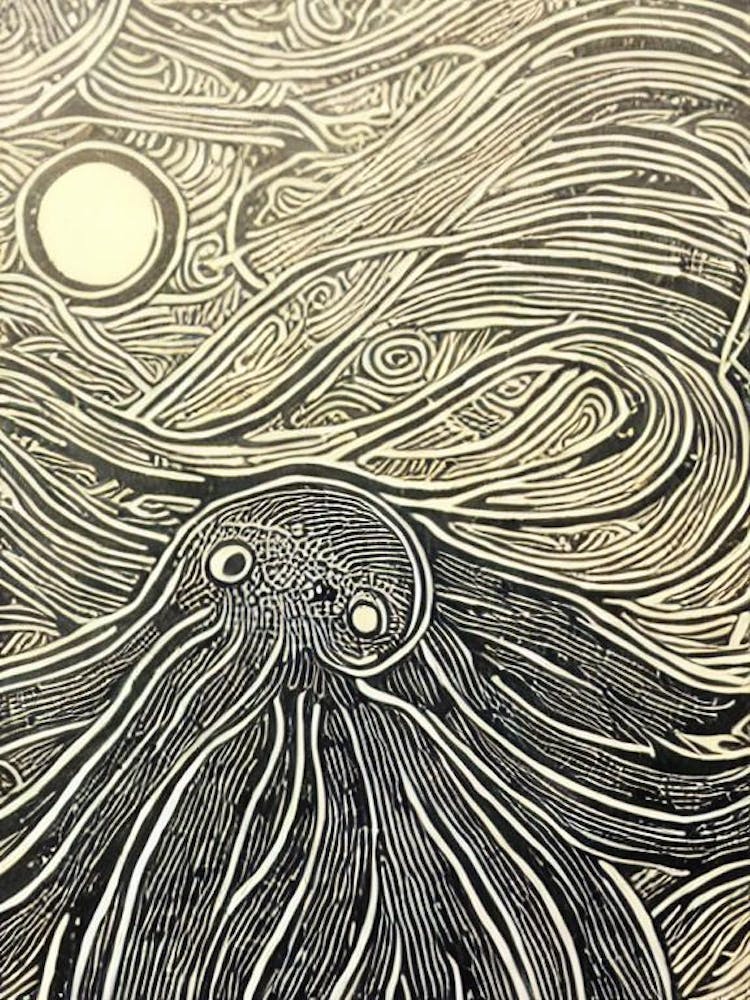 Bioluminescent Octopus Linocut