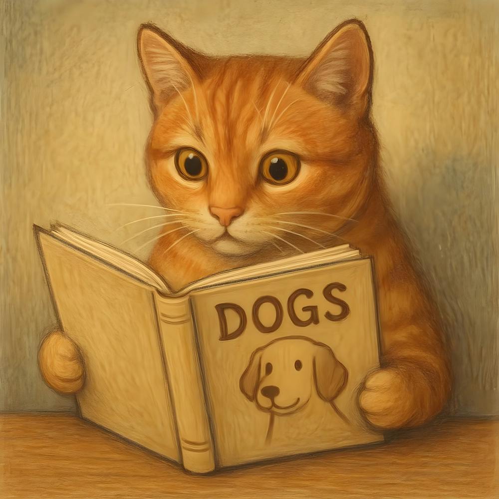 A Cat Reading A Book About Dogs