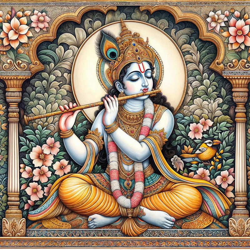 Lord Krishna Playing Flute Madhubani Art Painting Indian Traditional Style