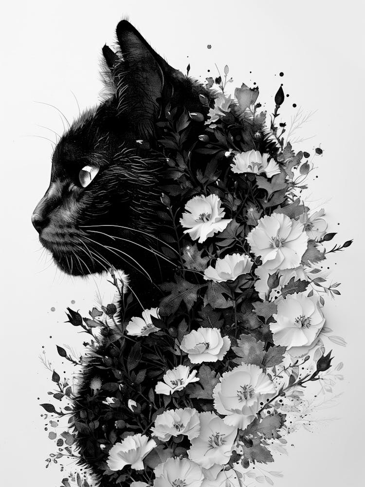 Black Cat With Flowers