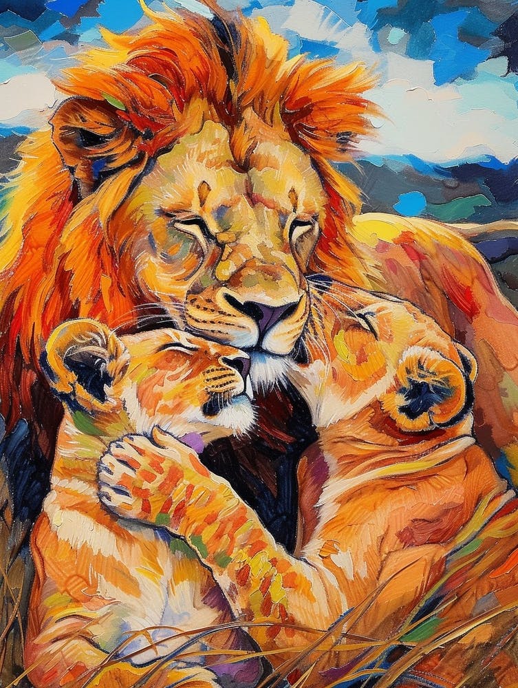 Southwest African Lion Family Bonding Fauvist Painting 3