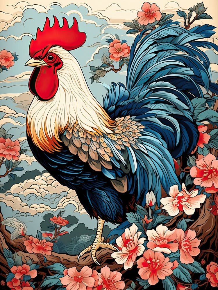 Rooster Animal Drawing In The Style Of Ukiyo E 4