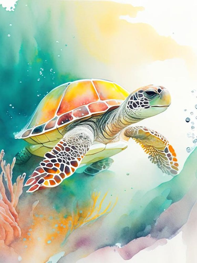 A Single Sea Turtle In Coral Reef, Sea Turtle Storybook Watercolours 1