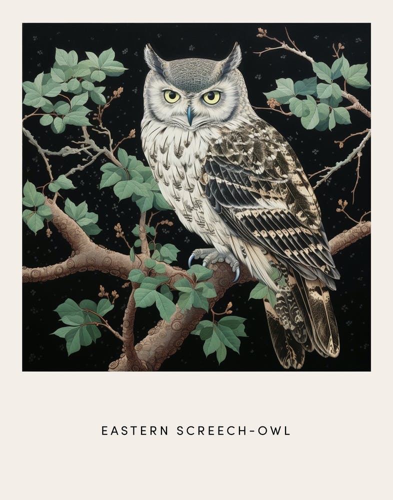 Ohara Koson Inspired Bird Painting Eastern Screech Owl 3 Poster