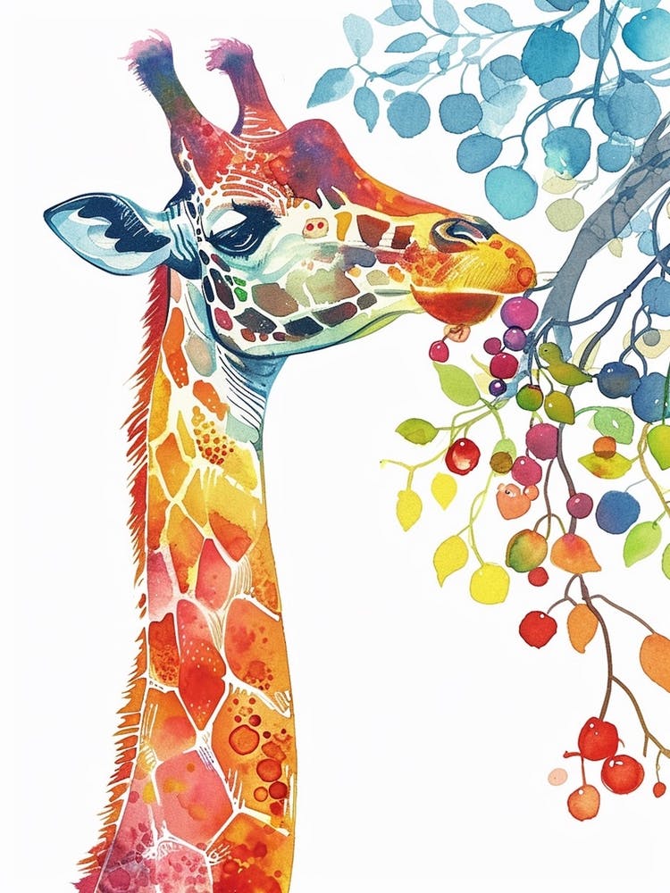 Giraffe Eating Berries Watercolour Abstract 2