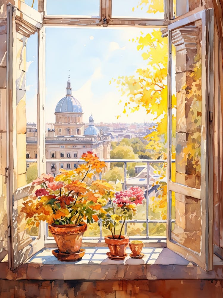 Window View Of Kiev Ukraine In Autumn Fall, Watercolour 4