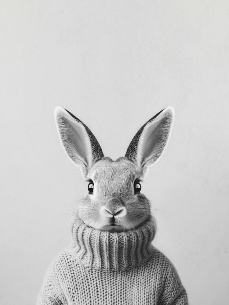 Hase mit Wollpulli Schwarz-Weiß Foto, minimalistisches Kaninchen Porträt