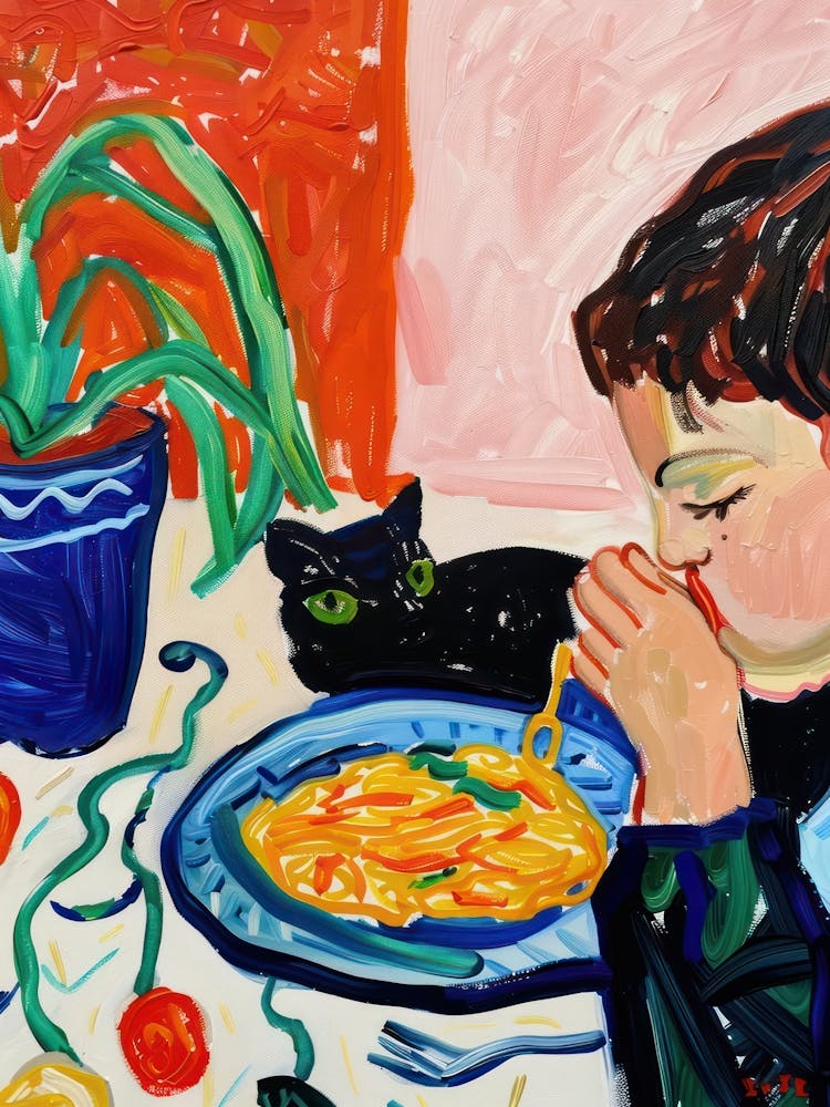 Porträt eines Jungen mit Katzen, die Pasta essen 1