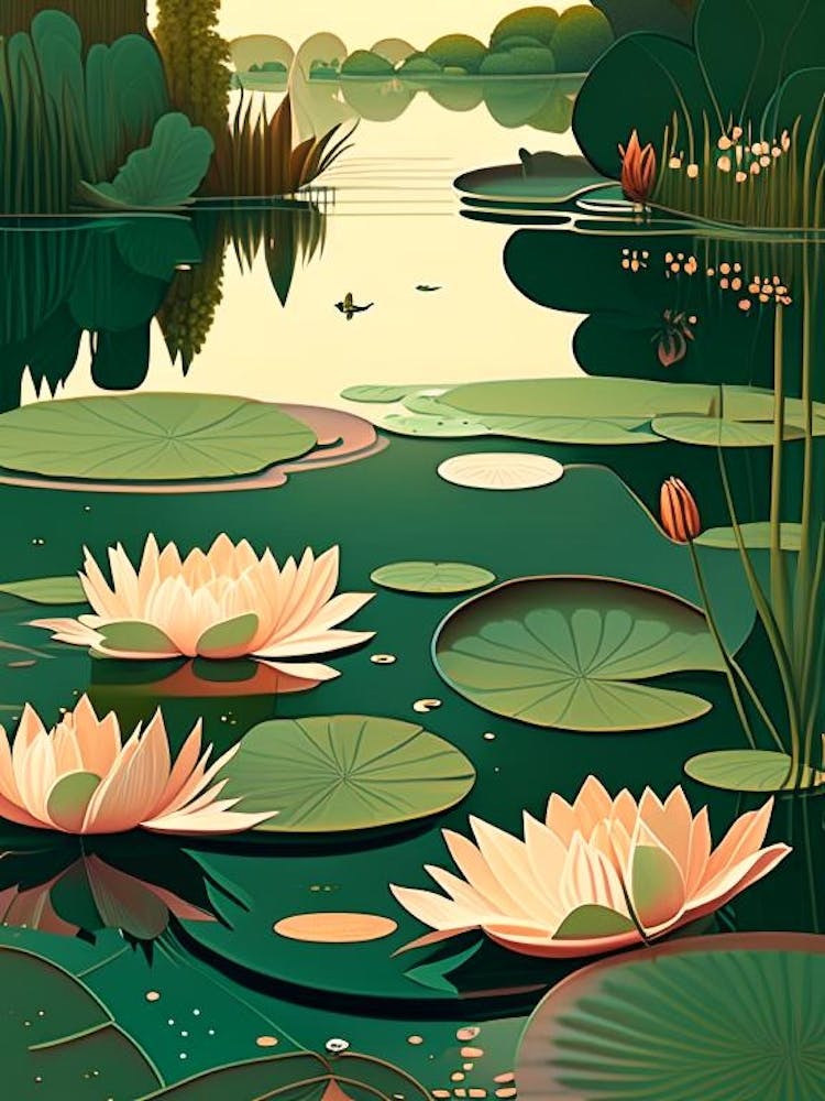 Pond With Lily Pads Water Waterscape Retro Illustration 2