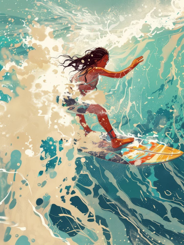 Girl In The Sea On The Waves Riding A Surfboard Painting In Pop Art Style 1