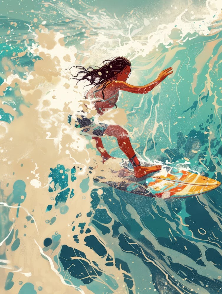 Girl In The Sea On The Waves Riding A Surfboard Painting In Pop Art Style 1