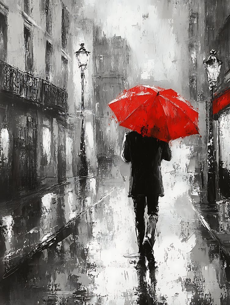 A Man with a Red Umbrella in the Rain