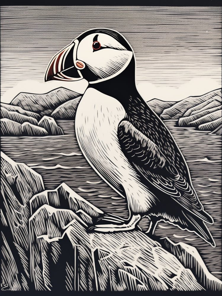 B&W Bird Linocut Puffin 3